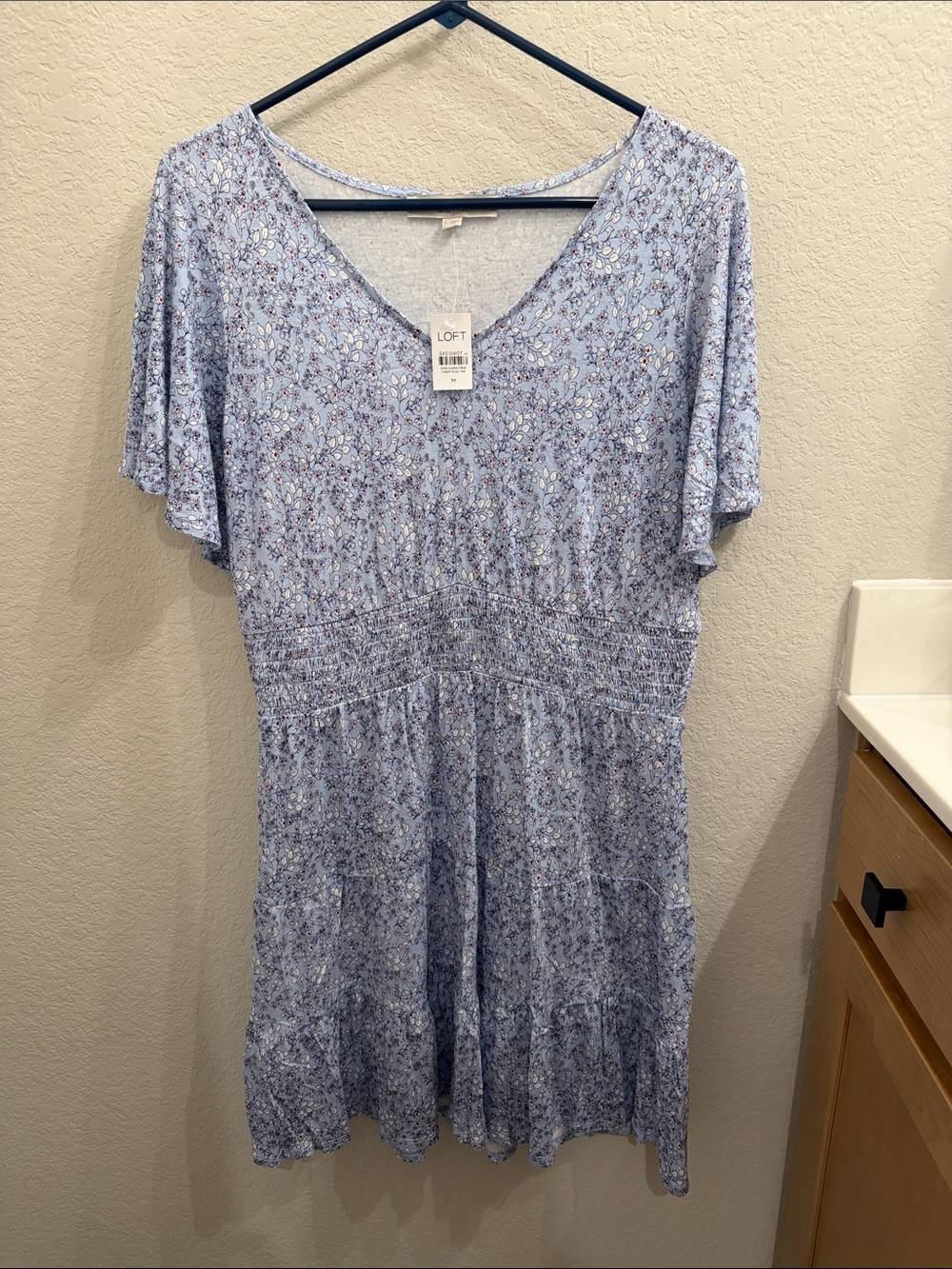LOFT Light Blue Floral V-Neck Short Sleeve Dress